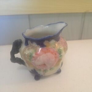 Vintage Nippon Moriage Ceramic Pink Rose Floral Mini Footed Creamer Pitcher